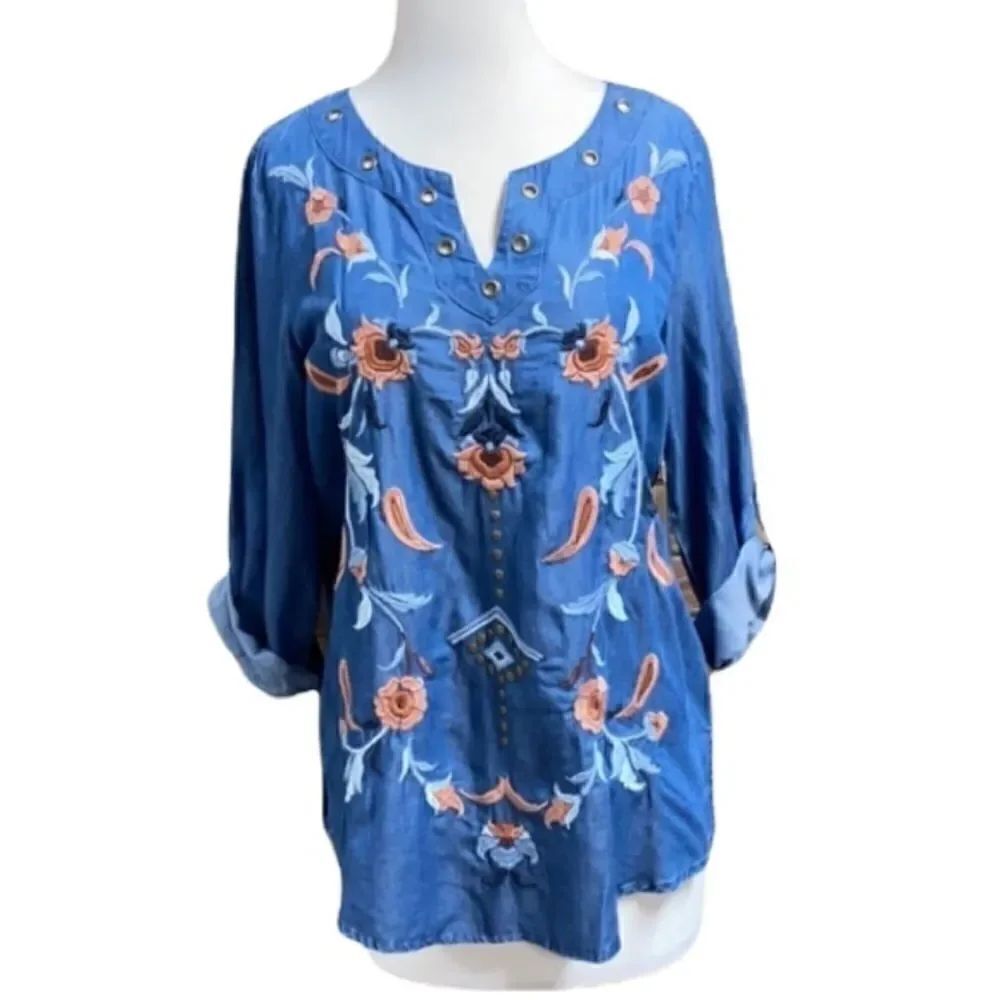 Multiples L/S Embroidery Chambray Top Size S